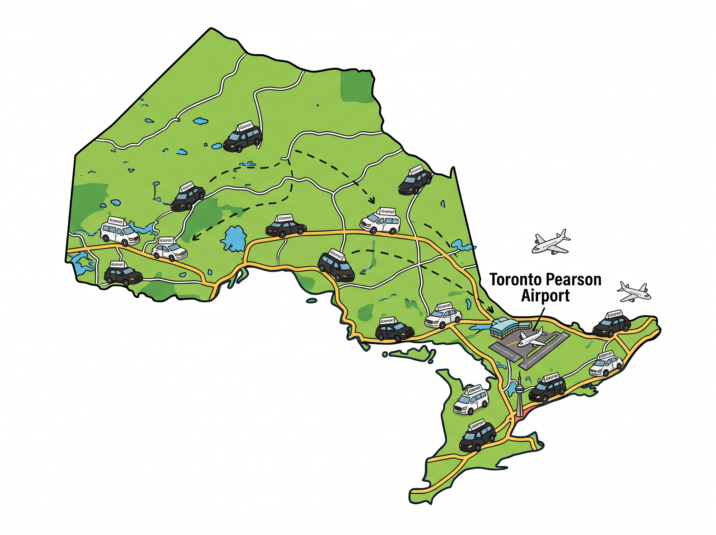 Map of Ontario showing Aeroport Taxi's fleet of sedans, SUVs and vans serving cities across the province